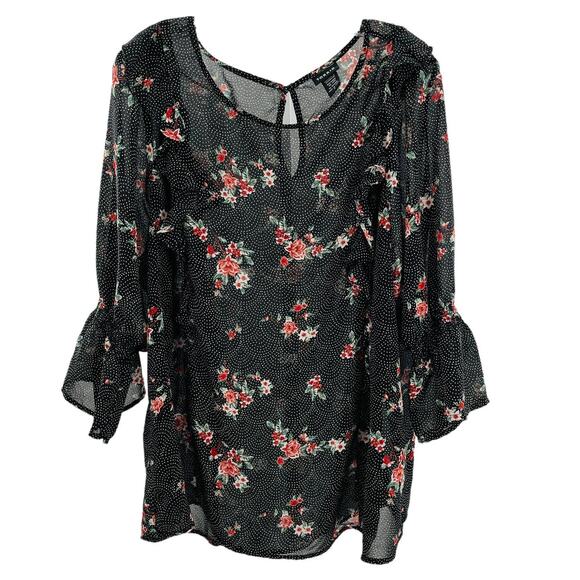 Torrid Black Polka Dot Pink Floral Sheer Long Balloon Sleeve Whimsy Blouse 3X - Picture 1 of 11
